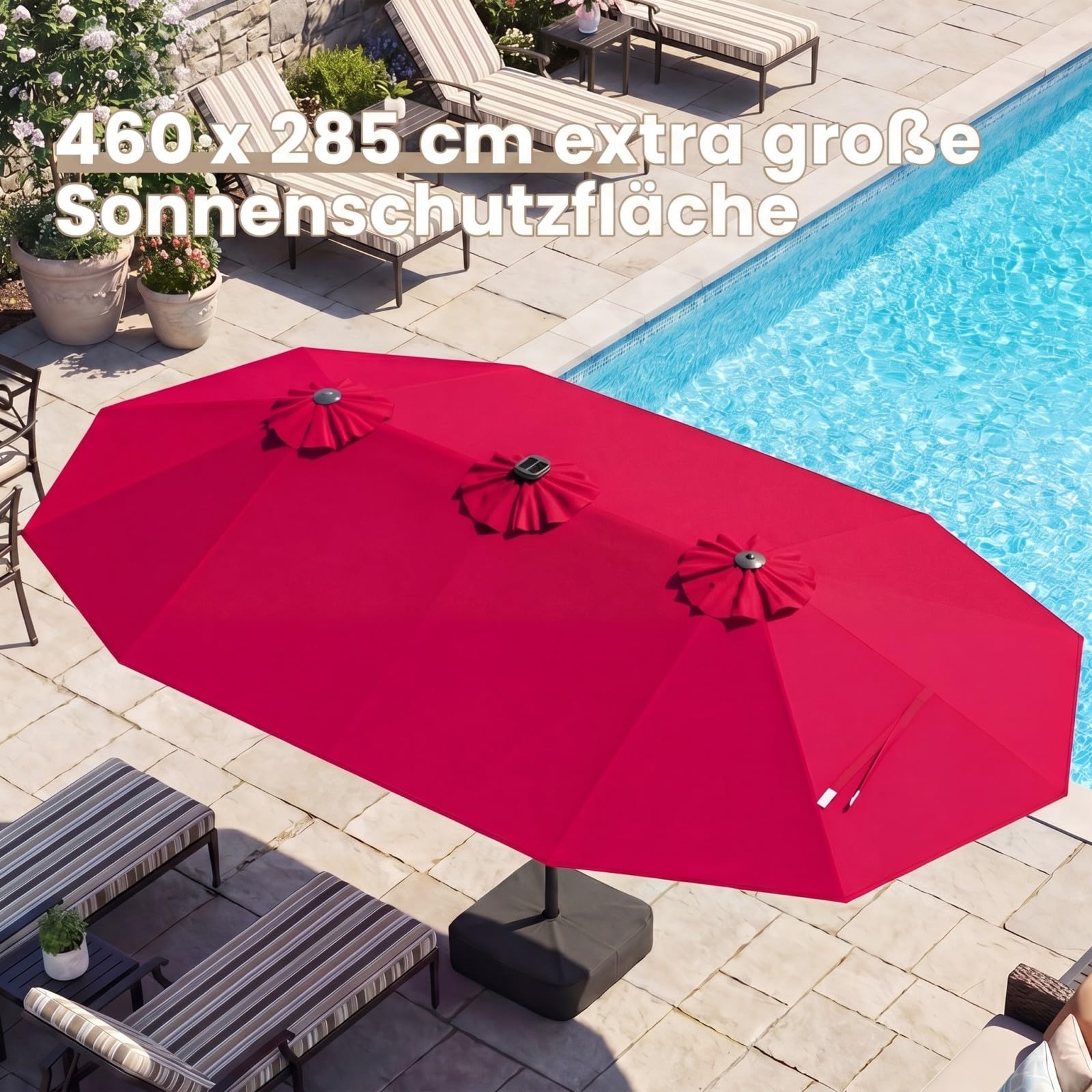 COSTWAY Doppelsonnenschirm mit Ständer und LED-Solar-Beleuchtung, 450 x 260 cm, Sonnenschirm Groß XXL, UPF 50+, Gartenschirm mit Kurbel, Terrassenschirm, Marktschirm für Garten, Terrasse (Rot) 2