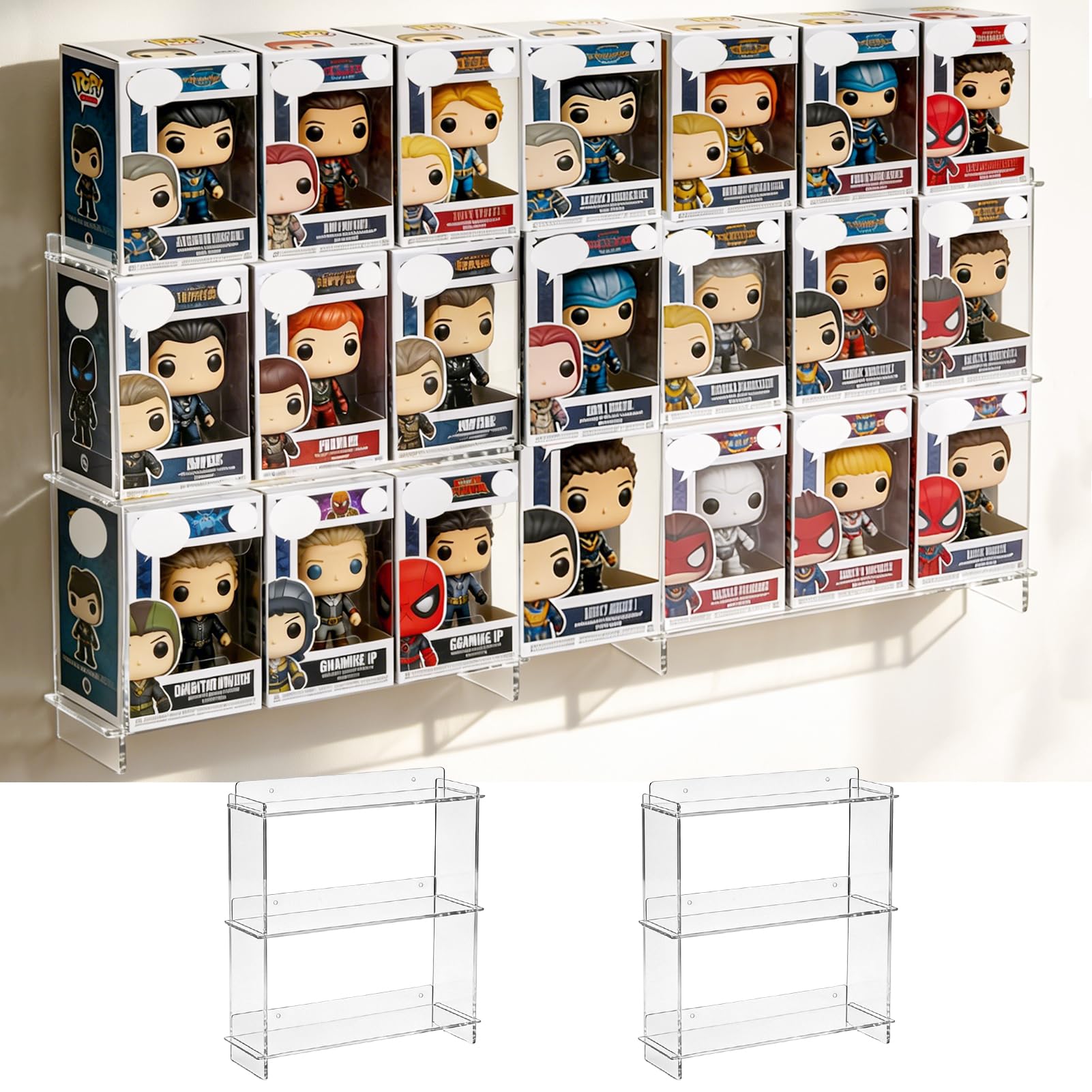 Photo 1 of 2 PCS Wall Display Shelves Compatible with 21 Funko Pop in Box Acrylic Floating Display Shelves Clear Tiered Display Shelf for Collectibles Stackable Action Figure Stand for Boxed Figures Display Case