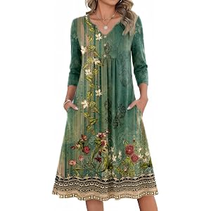 Zeagoo Womens Dresses 3/4 Sleeve Casual Fall A Line Midi Dress with Pockets | V Neck Empire Waist Sundress, Button Decor, Flo