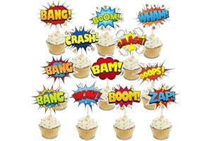 SUNNY SEAT SuperHero Boom Cupcake Toppers 48 Pack Happy Birthday Cake Decor for kids Hero Theme Birthday Party Supplies Celebrating Party Events Baby Shower