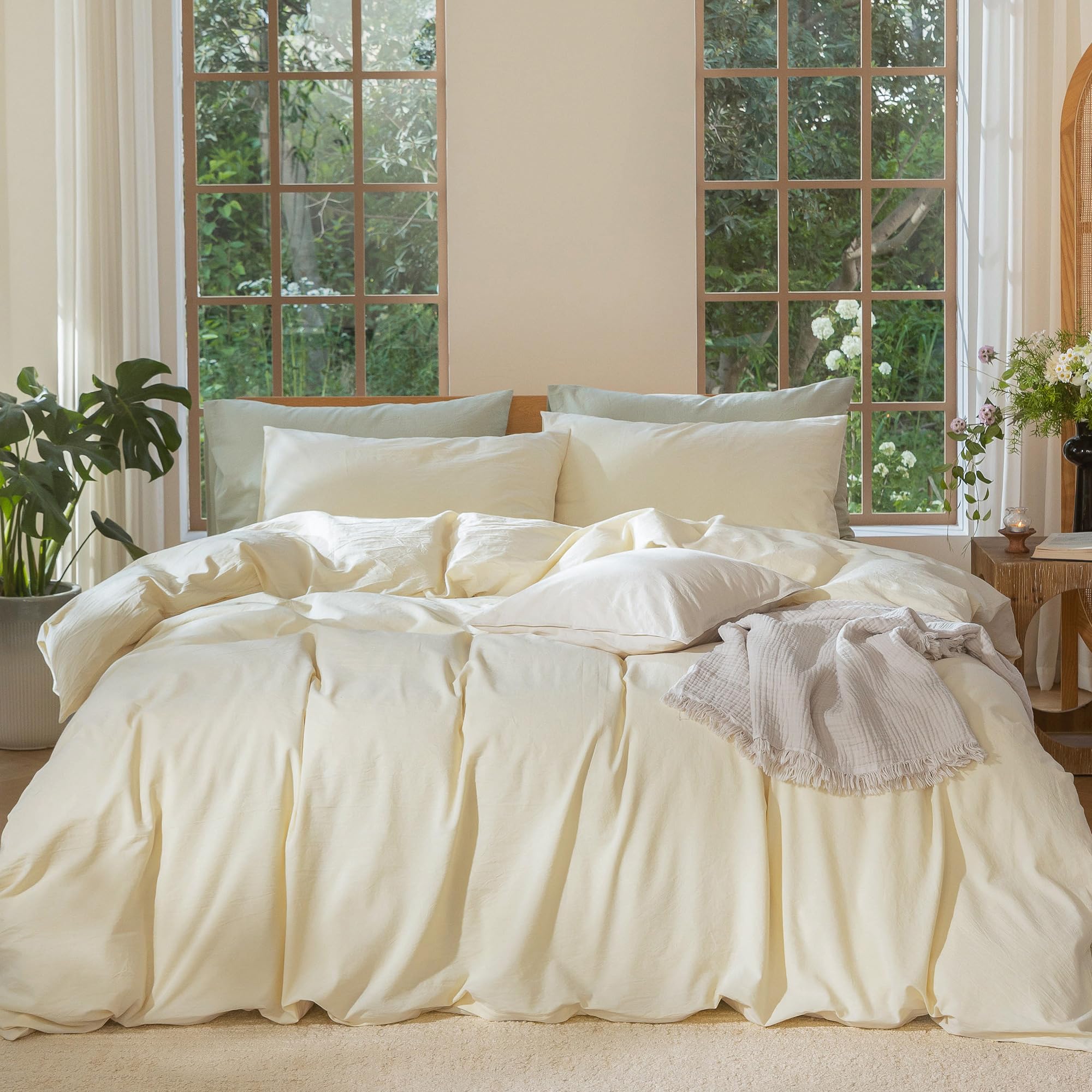 Photo 1 of MooMee Bedding Duvet Cover Set 100% Washed Cotton Linen Like Textured Breathable Durable Soft Comfy (Solid Cream, Queen 90"x90")