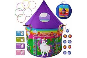 Playz Unicorn Toys Kids Play Tent for Girls with Unicorn Ring Toss, Candy Board Game, & Tic Tac Toe - Indoor & Outdoor Pop up Playhouse Set for Kids Birthday Party Favors & Gifts for Baby and Toddlers