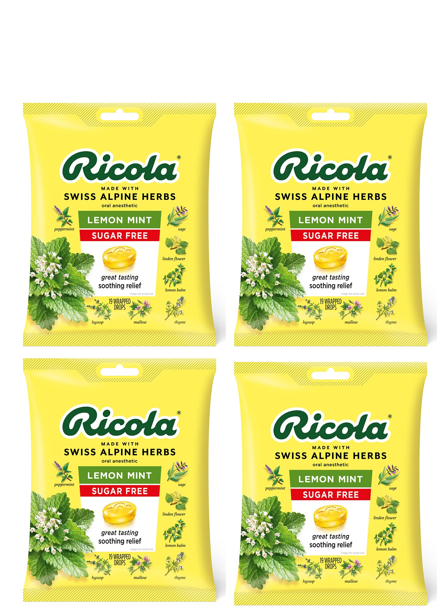 Ricola Sugar Free Lemon Mint Herbal Cough Suppressant Throat Drops, 19ct Bag, Pack of 2
