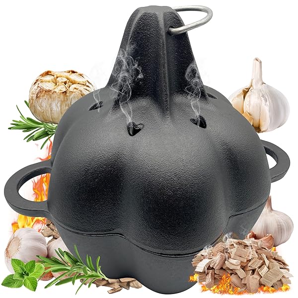 AOKDEER GARLIC ROASTER & SMOKER BOX FOR GRILL OVEN, ALL-SEASON CAST IRON STEAMER POT, PERFECT FOR OVEN AND BBQ, FOR SMOKY, FLAVORFUL VEGETABLES, MEATS OR WOOD CHIPS, GARLIC POTATO COOKER