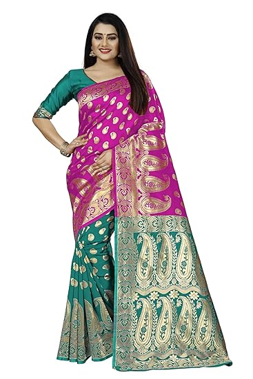 Divaastha Pink:Firozi Jequard Self Design Saree with Blouse Piece (VHF108PINKRAMA)