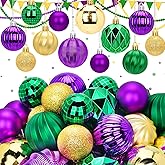 64 Pcs Mardi Gras Tree Ornaments Decorations, Purple, Green, and Gold Shatterproof Hanging Ball Ornaments Bulk for Christmas Tree, Assorted Fleur de Lis Fat Tuesday Baubles for New Orleans Party Décor