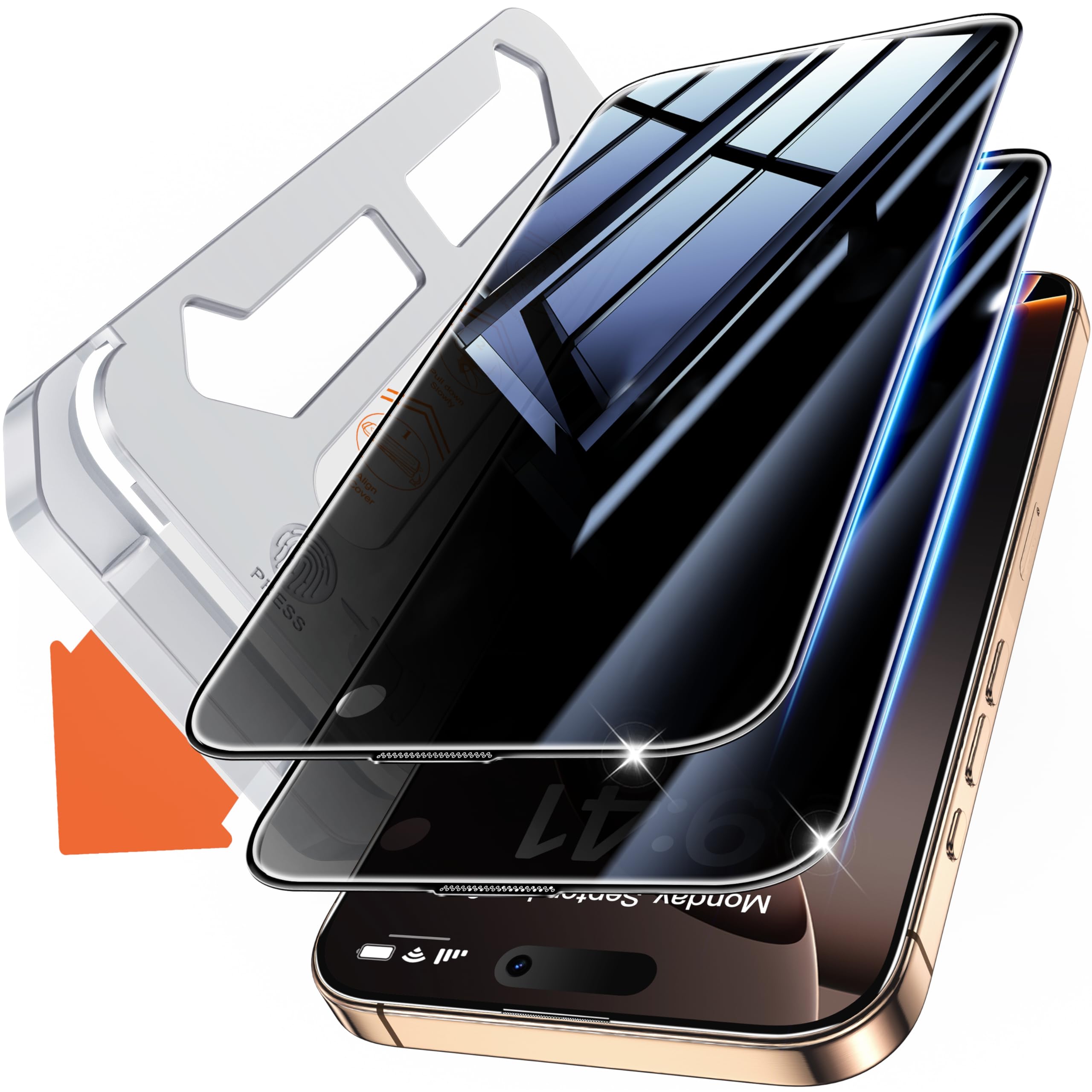 Tentoki 2 Pack for iPhone 15 Plus/iPhone 16 Plus Privacy Screen Protector (6.7-Inch), Compatible With Face ID, 25° Anti Spy Premium 9H+ Tempered Glass Film [Auto Dust Elimination] [No Bubbles]