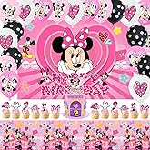 27 Psc For Minnie themed birthday party set, easy to assemble decorations including children's DIY cake toppers and background cloth set, perfect for children's birthday parties.