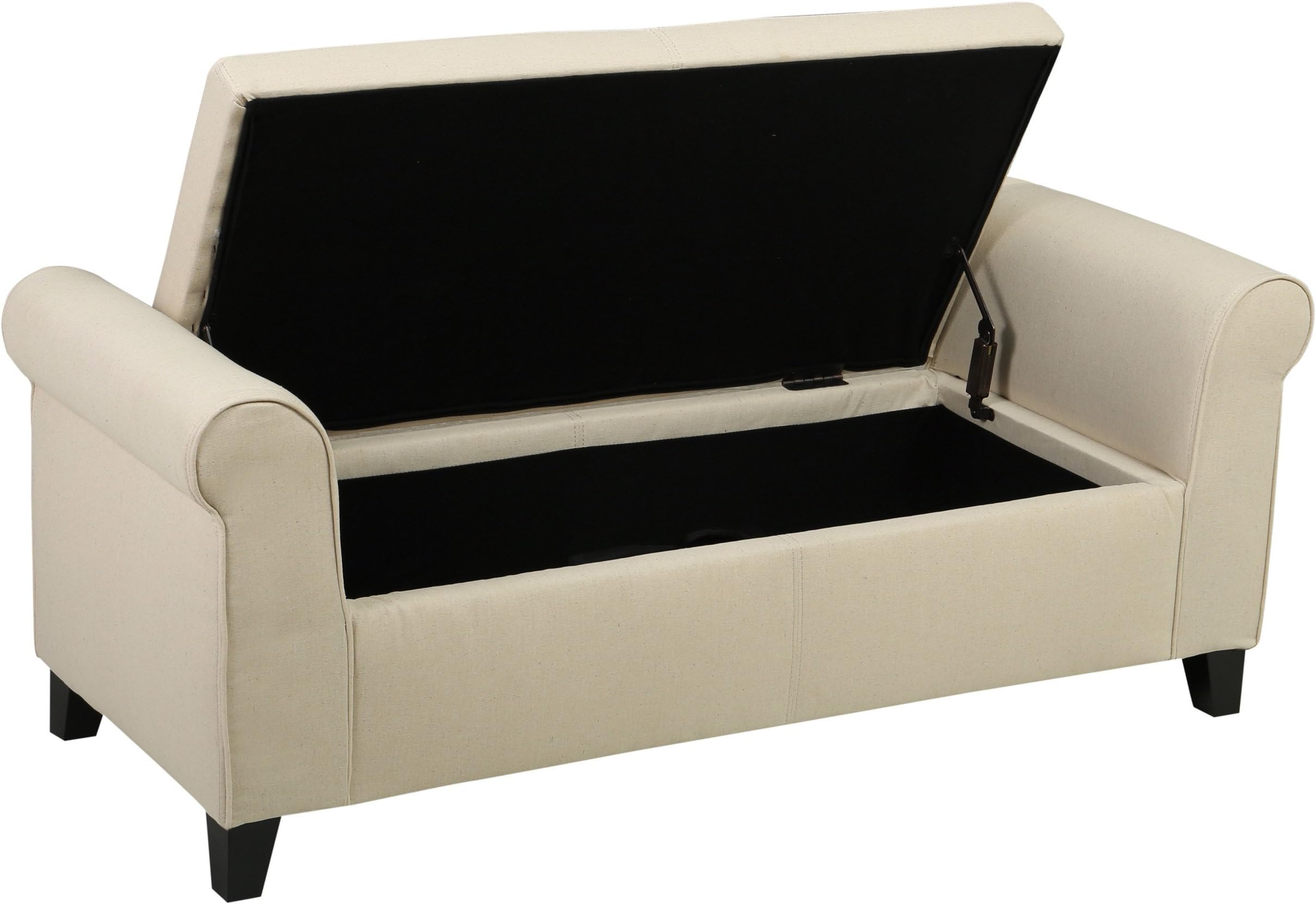 Single Piece Beige Storage Ottoman Bench, Solid Pattern, Standard, Fabric Wood Material, Casual Contemporary Modern, Rectangle, Wide Extra Seating, Plush Design, Padded Arms, Fabric Exterior