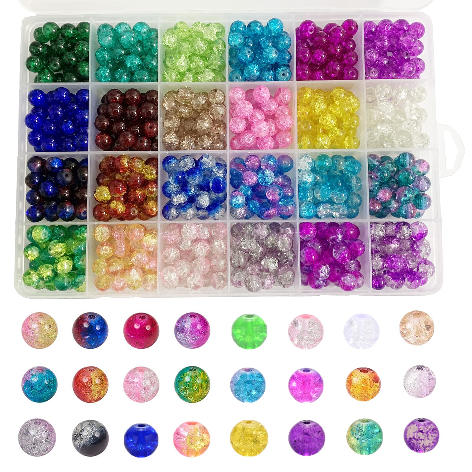 Gocelyn 600PCS 8mm Crack Glass Beads Set, 24-Grid Multicoloured Round Handcrafted Crackle Lampwork Beads Assortment for Jewelry Making DIY Bracelet Necklace Findings Beading Projects