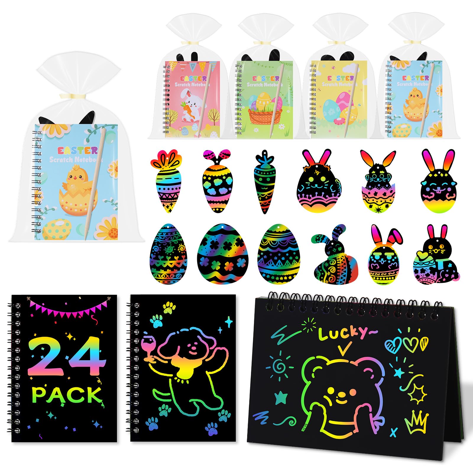 Huiguli 24 Sets Easter Scratch Art for Kids, Easter Eggs Arts DIY Crafts Rainbow Scratch Notebooks with Wooden Stylus Set for Easter Gifts Party Bag Fillers for Kids, Easter Teacher Classroom Gifts