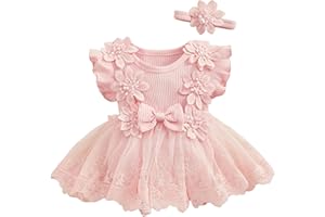 Happy Cherry Baby Girl Summer Romper Dress Newborn Baby Floral Dress First Birthday Outfit with Headband 0-18 Months