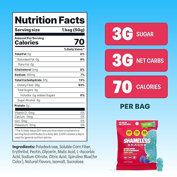 SHAMELESS SNACKS – HEALTHY LOW CALORIE SNACKS, LOW CARB KETO GUMMIES (GLUTEN FREE CANDY) – 6 PACK SOUR BLUE RASPBERRY