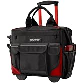 HAUTMEC Heavy-Duty Rolling Tool Bag with Wheels, 15" Wide-Mouth Tool Organizer with Telescoping Handle, 25 Pockets, Oversized Off-Road Wheels for Electricians, Plumbers &amp; Contractors &ndash; HTTBM25005