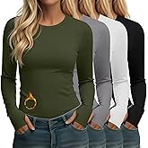 Neer 4 Pack Women's Fleece Thermal Long Sleeve Shirts, Thumb Holes Crew Neck Slim Fit Tops Warm Workout Basic Undershirt