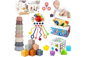 6 in 1 Baby Montessori Toys for 6-12 Months, Montessori Toys for Babies Incl Pull String Toy, Stacking Cups, Tissue Box Toy, 