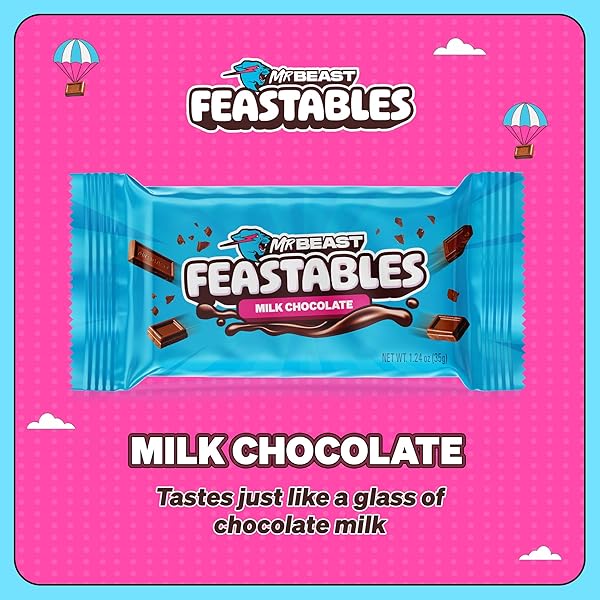 FEASTABLES MRBEAST MILK CHOCOLATE CHOCOLATE BAR, FULL SIZE BAR FOR ADULTS & KIDS, CANDY BARS, SNACKS, GIFTS, OR DESSERT, SWEET & CREAMY FAIRTRADE COCOA, 1.24 OZ EACH, 24 COUNT
