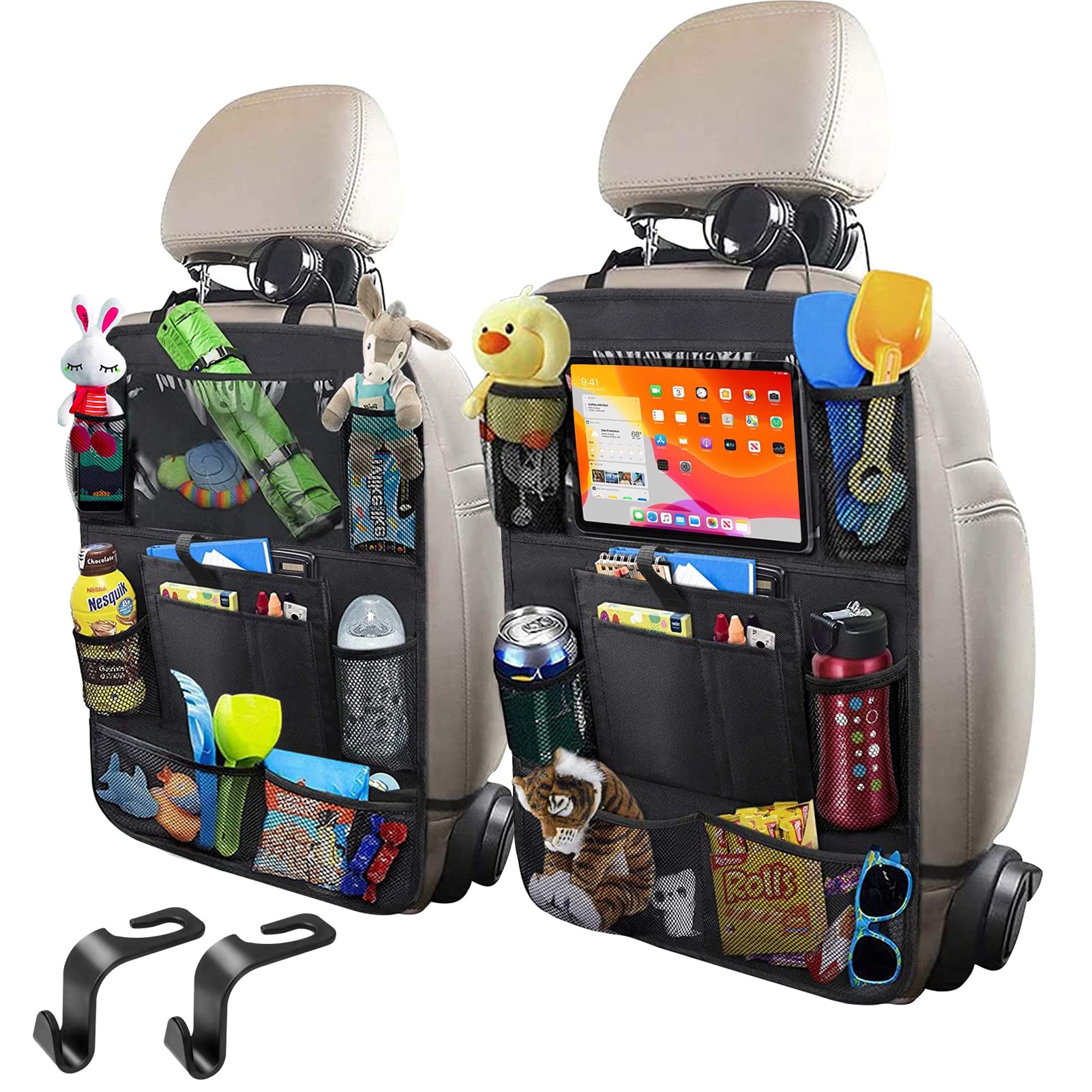 Photo 1 of JUCAINHI Car Storage Organizer 2 PCS,Car Backseat Organizer for Kids Durable Waterproof Oxford Fabric with Touchable Tablet Holder 8 Mesh Pockets and 2 Pockets for Snacks Toys,Car Travel Accessories