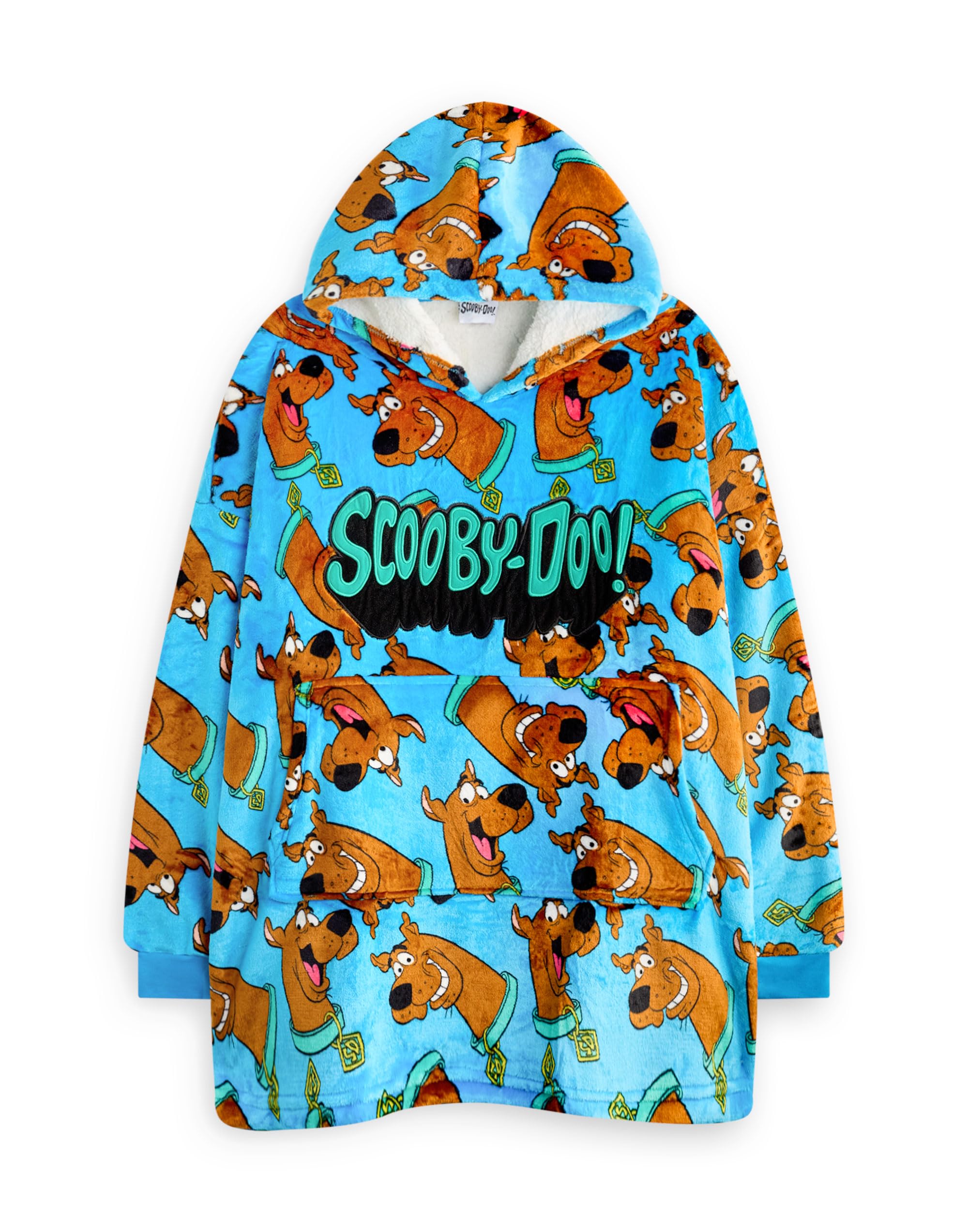 Scooby-Doo! Boys Wearable Blanket Hoodie | Kids Hooded Fleece Pullover in Blue Character All Over Print | Sherpa Lined Loungewear with Pockets | Animated Cartoon Series Merchandise Gift