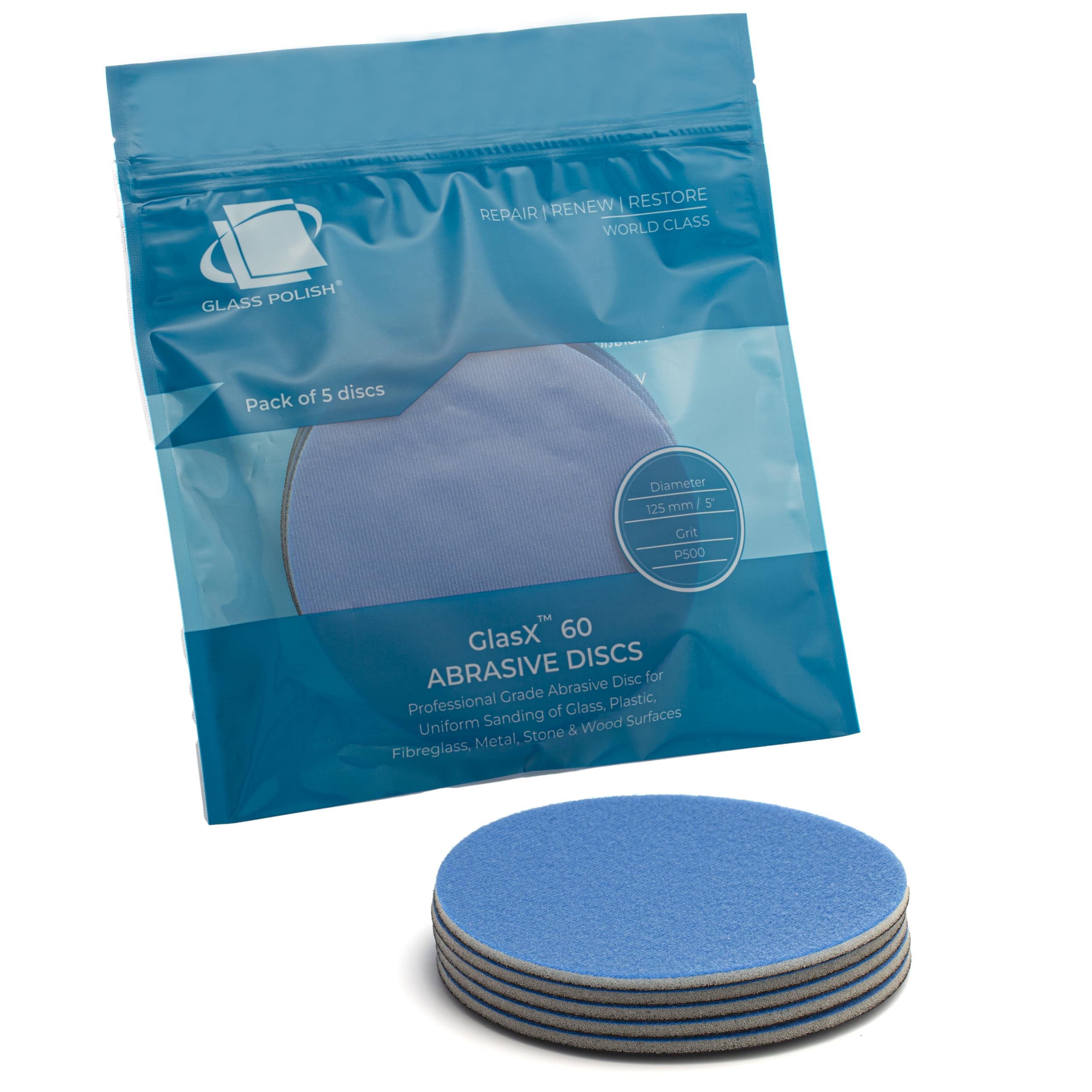 Glass Polish 5 inch (125mm) 500 Grit Pack of 5 Sanding Discs for Rotary Polisher - Foam Backed Silicon Carbide Abrasive P500 - GP14502