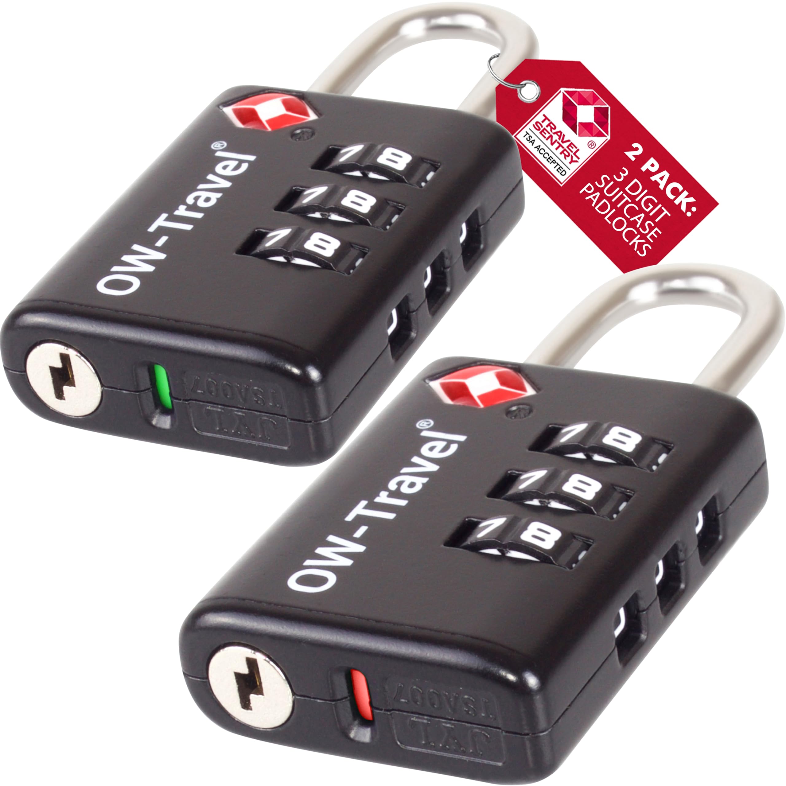 OW-Travel TSA Approved Luggage Locks Suitcase Locks with Open Alert (2 Pack Black) 3 Digit Security Suitcase Padlock. Travel Bag Combination Luggage Padlocks for Suitcases. Bags Case TSA Travel Lock