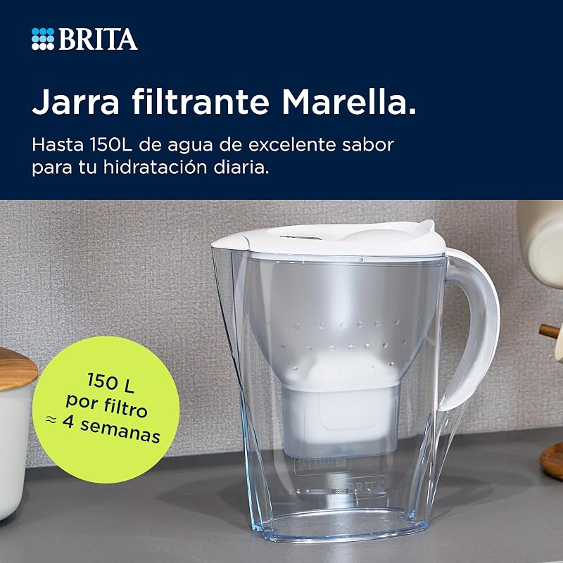 Jarro com filtro de água brita marella branco (2,4 l) incl. 3 cartuchos maxtra pro all-in-1: jarro próprio para refrigerador com memorando digital e tampa articulada que reduz cloro, calcário e impurezas