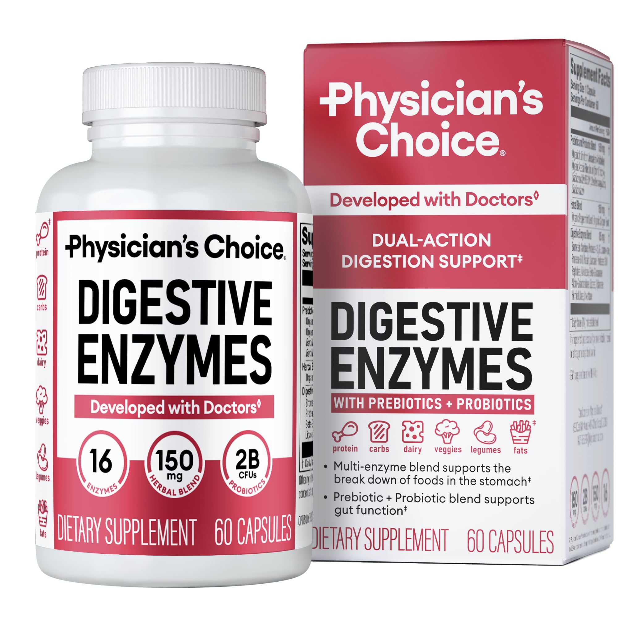  Physician's CHOICE Digestive Enzymes for Bloating & Digestion - 16 Enzymes with Organic Prebiotics & Probiotics for Gut & Digestive Health - Meal Time Discomfort Relief - Dual Action Support - 60 CT