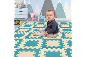 Yostrong® 18 Tiles Interlocking 2 Square Puzzle Foam Baby Play Mat with Straight Edges for Playing - EVA Babies Crawling Mat | Rubber Floor Work out Mats For Home Gym. Beige, Dark green. YO2S-JPb18S18