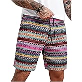 WDIRARA Men's Geometric Print Drawstring Waist Bermuda Shorts Boho Summer Beach Shorts with Pockets