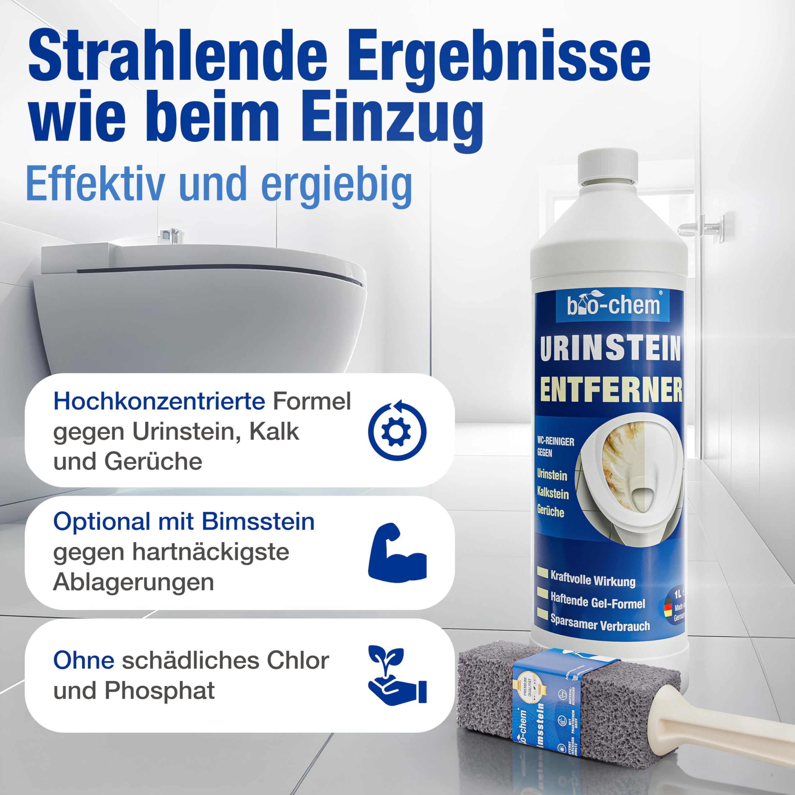 bio-chem Urinsteinentferner EXTRA STARK - 1000 ML - Extrem kraftvoller & hochkonzentrierter Profi WC-Reiniger - Entfernt mühelos hartnäckigste Ablagerungen und Gerüche - Made in Germany 2