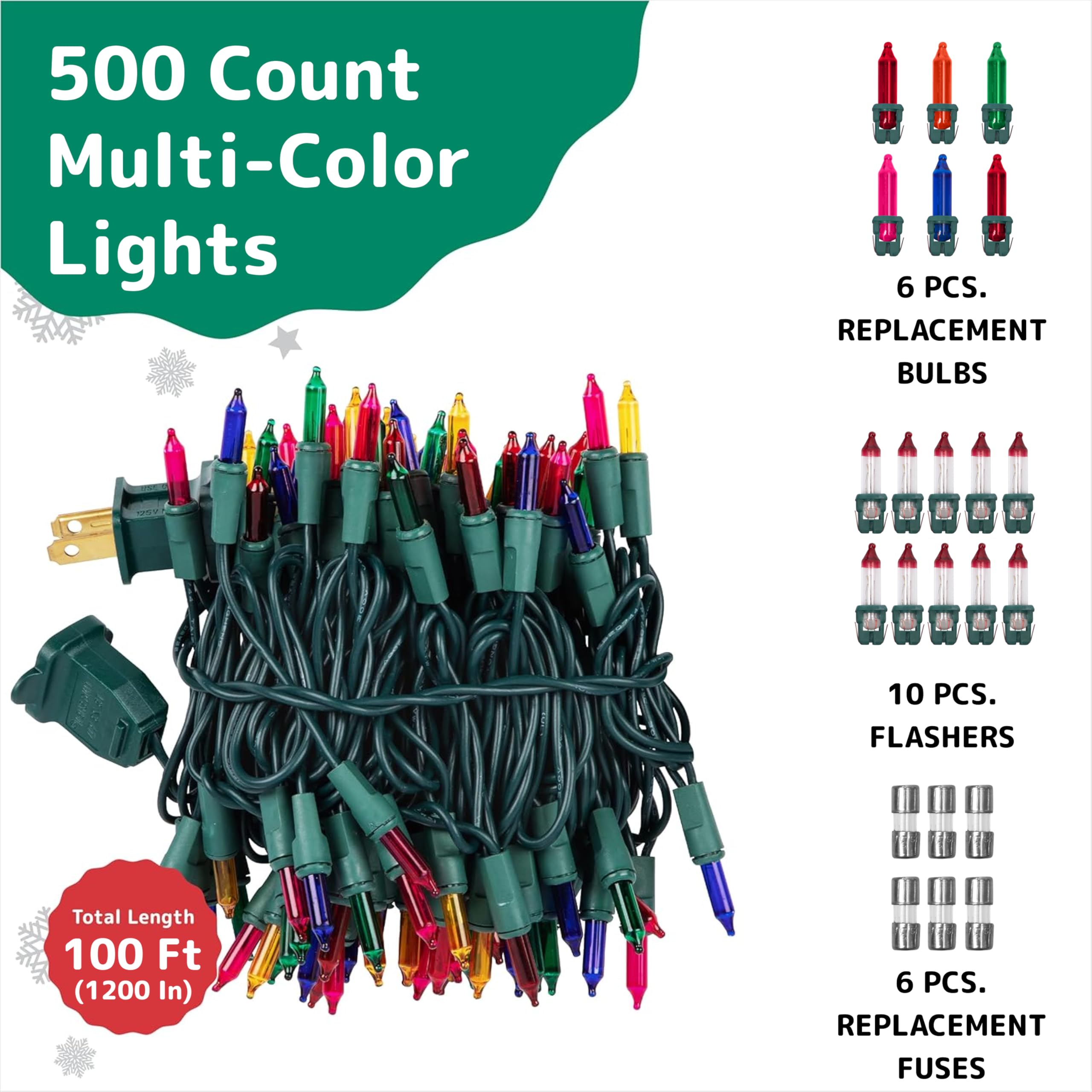 PREXTEX 500 Ct. Multi-Color Christmas Tree Lights with Green Wire - 100 Ft - for Indoor and Outdoor Use - Multicolor Twinkle Christmas Tree Decoration with End-to-End Connectors