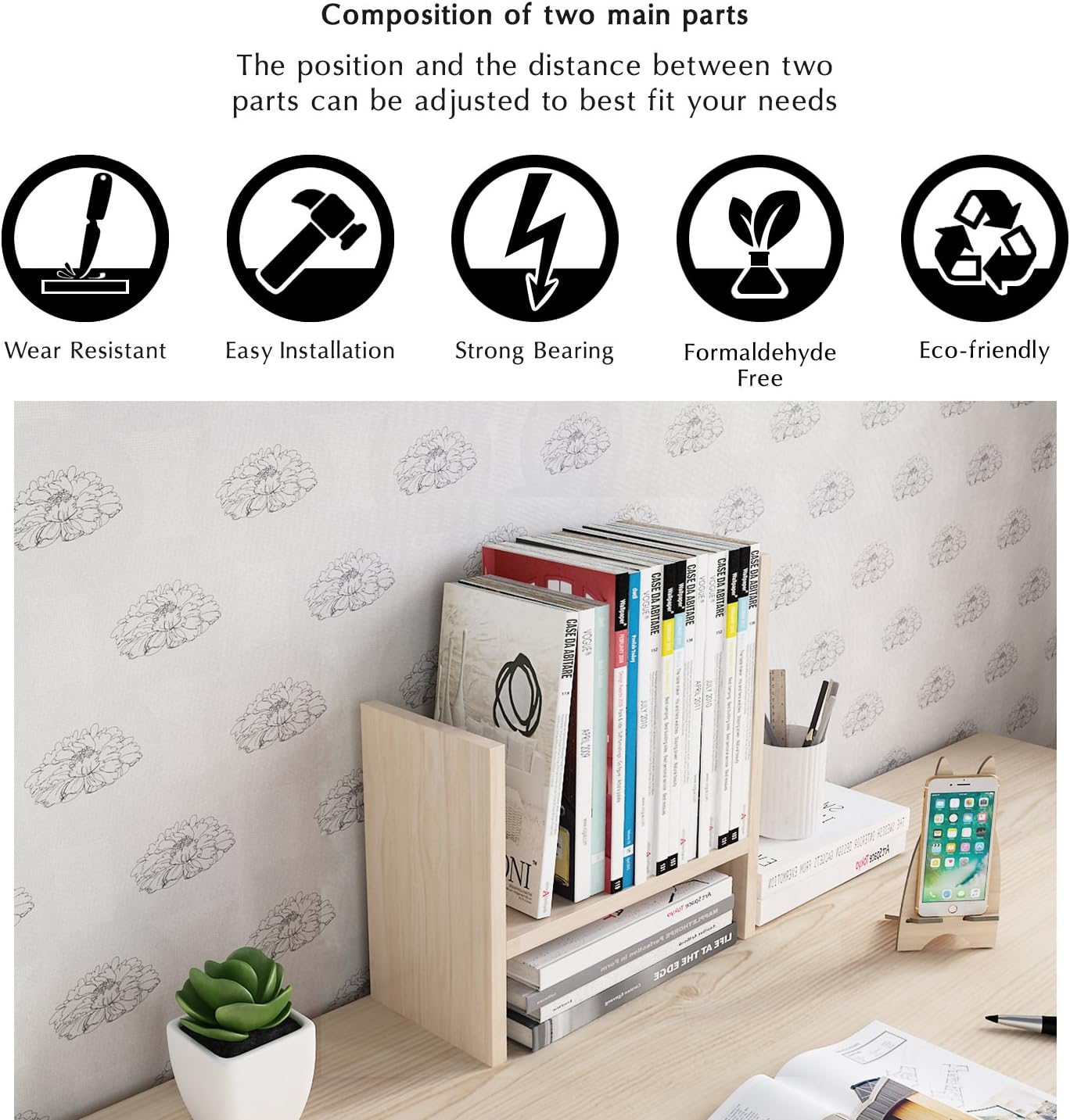Jerry & Maggie - Desktop Organizer Office Storage Rack Adjustable Wood Display Shelf | Birthday Gifts - Toy - Home Decor | - Free Style Rotation Display - True Natural Stand Shelf White Wood Tone : Office Products