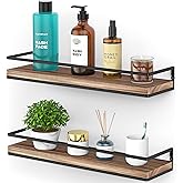 Meangood Rustic Floating Shelves for Wall, 17 inch Bathroom Shelf, Set of 2 | 4.7" Deep Wood Shelf for Wall Decor &amp; Storage, with Safety Guard Rail, Easy Install, for Bathroom Living Room Bedroom Kitchen