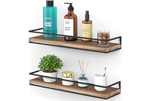 Meangood Floating Shelves Wall Mounted Set of 2, Rustic Wood Wall Storage Shelves for Bedroom,Living Room,Bathroom, Kitchen Torched Wood