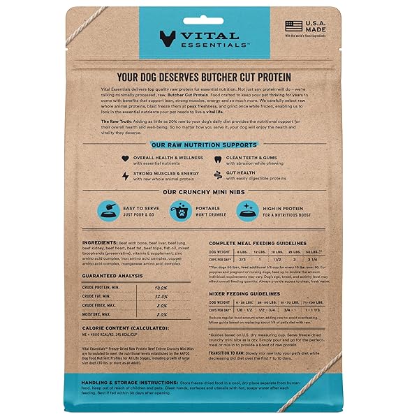 VITAL ESSENTIALS FREEZE DRIED DOG FOOD, RAW BEEF CRUNCHY MINI NIBS | COMPLETE MEAL OR TOPPER | 96% BEEF, ORGANS & BONE | LIMITED INGREDIENT, HIGH PROTEIN, GRAIN FREE DRY DOG FOOD | 14 OZ BAG