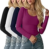Ficerd 4 Pack Women's Scoop Neck Tops Long Sleeve Slim Fit T-Shirts Stretchy Tight Casual Plain Layering Shirts Tees