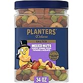 PLANTERS Deluxe Mixed Nuts, Plant Based Protein, 34 Oz (1 Ct) | Salted Mixed Nuts: Cashews, Almonds, Pecans, Pistachios, Hazelnuts. Snacks for Adults. Resealable Jar. Party Snack