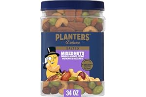 PLANTERS Deluxe Salted Mixed Nuts, Roasted Cashews, Almonds, Pecans, Pistachios, and Hazelnuts, Party Snacks, Plant-Based Protein, Quick Snack for Adults, After School Snack, 34oz Container