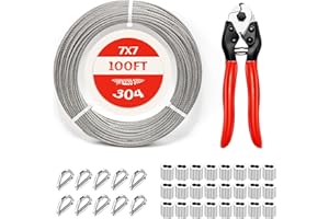 KEPYDRMTF 1/8 Inch Stainless Steel Cable Wire Caple, 100FT String Hanging Wire Rope,7x7 Strand Core with Loop Sleeve & Thimble Heavy Duty for Aircraft,Fence, Deck Railing, Garden, Marine