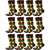 Cutecrop 12 Pairs Black History Month Socks for Men Novelty African Flag Striped Cotton Crew Socks Bulk Juneteenth Black History Clothing Gift for African Men Party Favors
