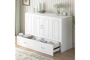 Mjkone Murphy Bed Queen, Murphy Bed Cabinet with Tri-Fold Mattress, Awesome Multifunctional Murphy Bed, Cabinet Bed with USB Port, Adult Bed Chest with Large Drawers for Guest Room (White-Pattern R)