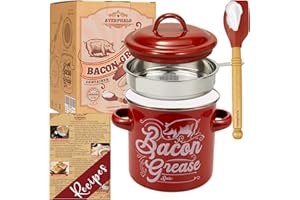 Ayerphalo Bacon Grease Container with Strainer - 46OZ Large Capacity, With Silicone Wooden Spatula, Enamel Bacon Grease Keeper for Bacon Drippings, Farmhouse Red Kitchen Decor, Dishwasher Safe