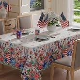 XCHI Watercolor Flowers America Stars Hats Memorial Day Tablecloth Rectangle 4th of July Patriotic Independence Day Table Cloth Table Covers for Indoor Dining Home Party Decorations 60x84 Inch