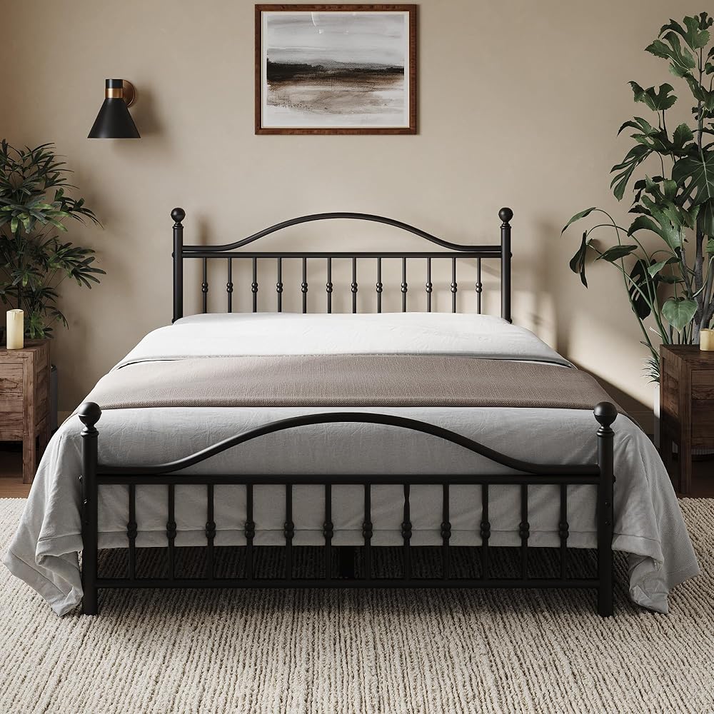 Classic Metal Bed Frame, Queen Bed Frame with Victorian Vintage headboard, Footboard and Under Bed Storage,Easy Assembly, No