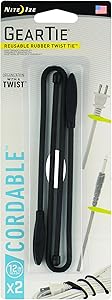 Nite Ize Gear Tie Cordable, The Original Reusable Rubber Twist Tie with Stretch-Loop for Cord Management + Storage, 12-Inch, Black, 2 Pack, Made in The USA