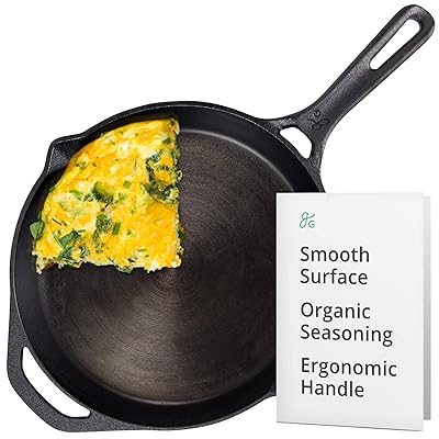 GreaterGoods Cast Iron Skillet 10 Inch, Smooth Non-Stick Nine Inch Cooking Surface, Pre-Seasoned handmade cast iron with USDA Certified Organic Flax Seed, Heirloom Quality