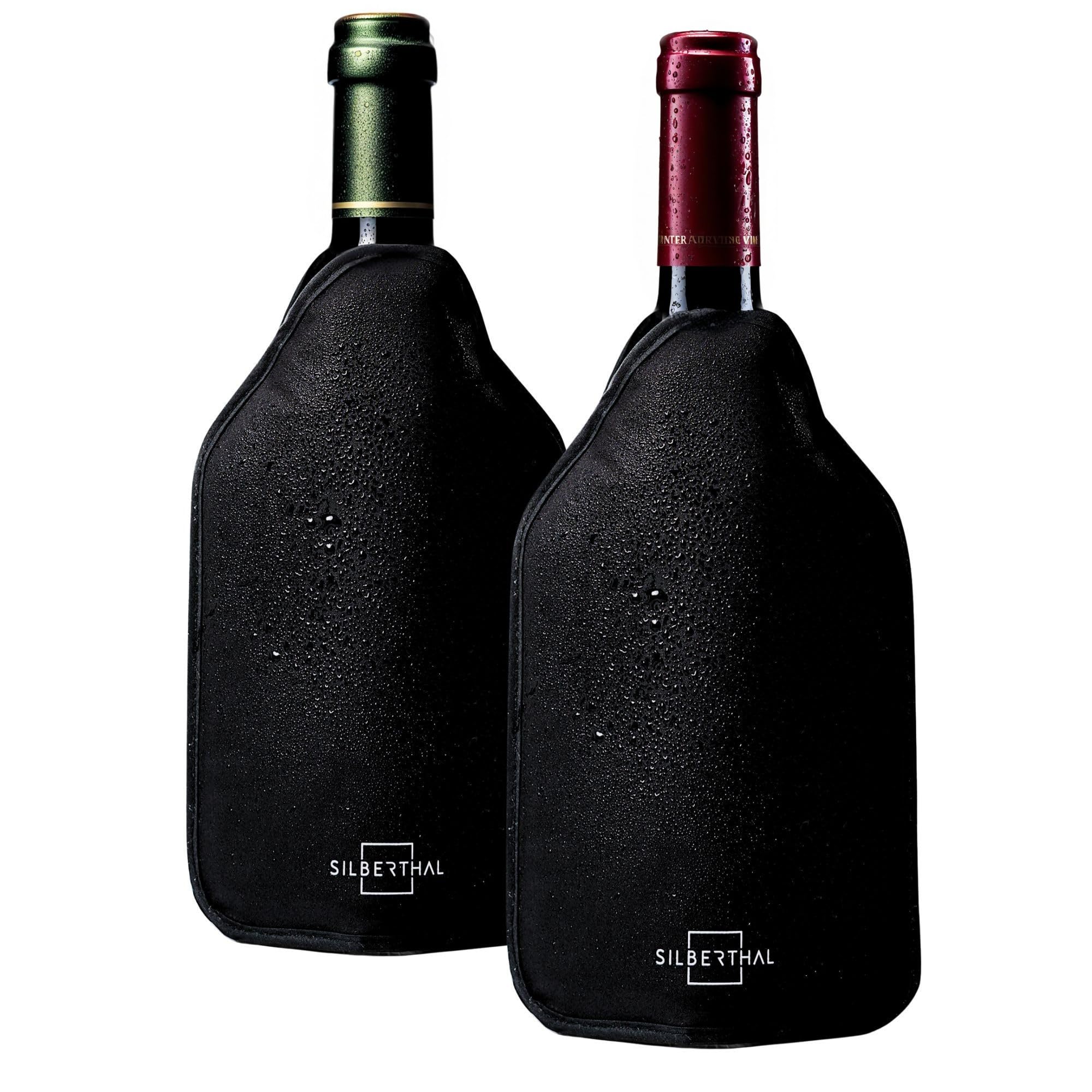 SILBERTHAL Set of 2 Bottle Cooler Sleeves with Cooling Gel – 2 x Adjustable Wine/Water/Champagne/Alcohol Bottle Coolers – Black