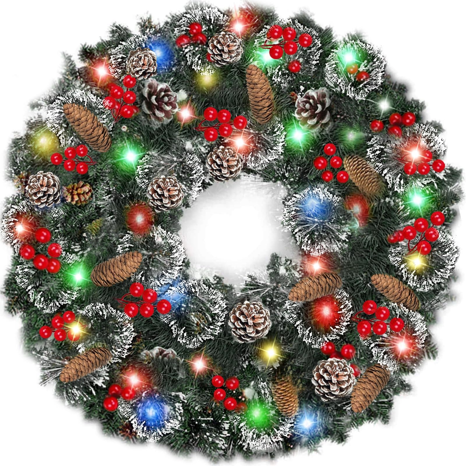 Photo 1 of 30 Inch Super Large Thick Christmas Wreath for Front Door with 100 Lights Timer Realistic Feel 311 Tips 28 Pinecone 110 Red Berry Battery Operated Outdoor Christmas Wreath Xmas Door Decor