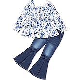 Perdeca Toddler Girl Clothes Floral Print Square Neck Shirts Flared Jeans Toddler Girl Outfits 2-7Y