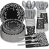 LTplazhi 140PCS Black and Silver Party Supplies - Dinner Plate, Dessert Plate, Napkin, Cup, Forks, Knives, Spoons - Biodegradable